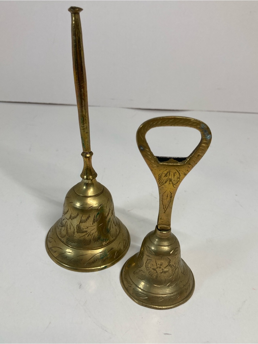 Vintage Brass Hand Bell Lot of 2 Etched India Decor